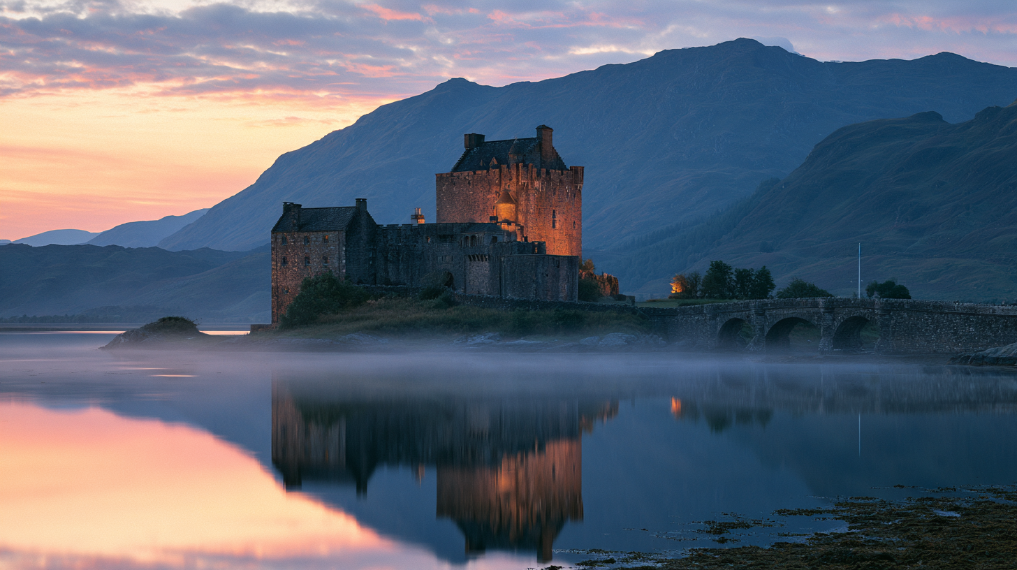 Castle Dunrannoch rising dark above the water at dusk, one window lit