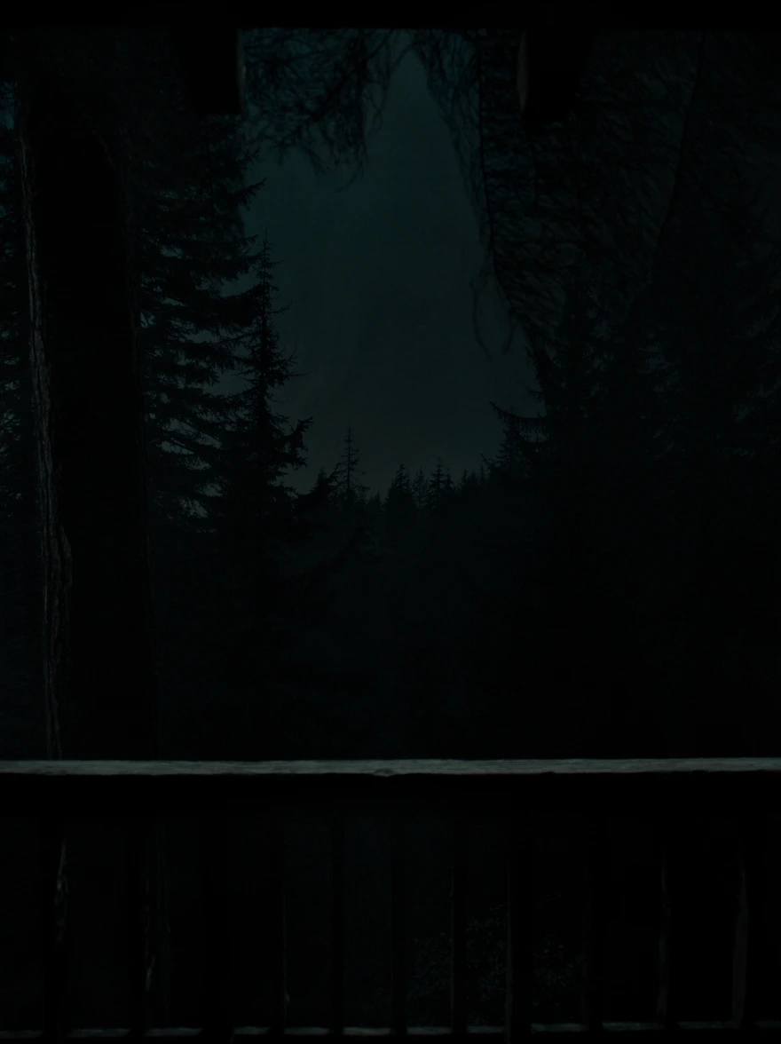 Dark forest surrounding the house, seen from the upstairs balcony.