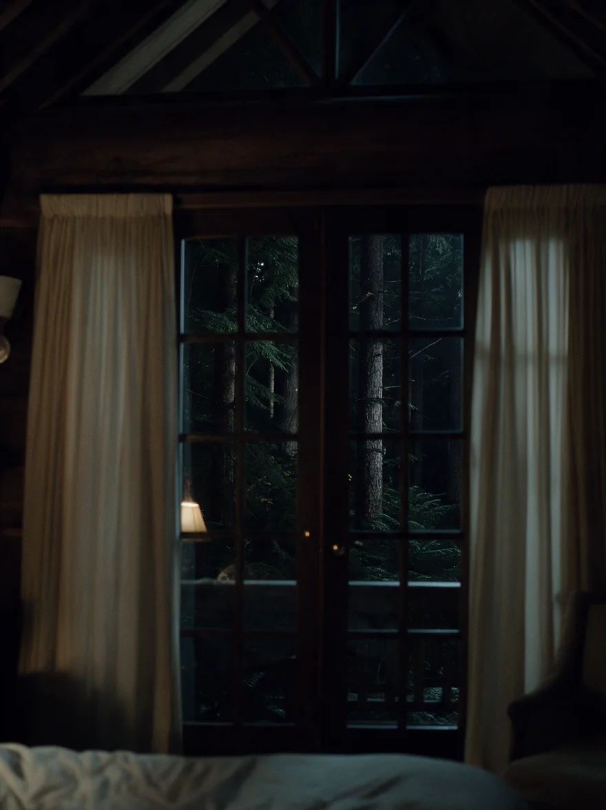 Dark forest beyond the bedroom windows.