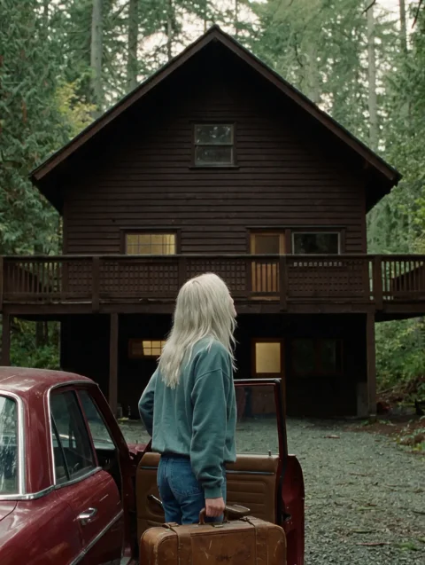 Rory in a teal sweatshirt, holding a suitcase beside her red car and looking up toward the timber house.